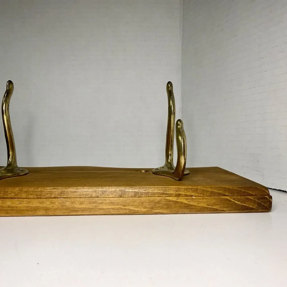 Vintage 22” Wood Heart Cutout Wall Coat Rack 4 Brass Hooks Cottagecore Farmhouse
